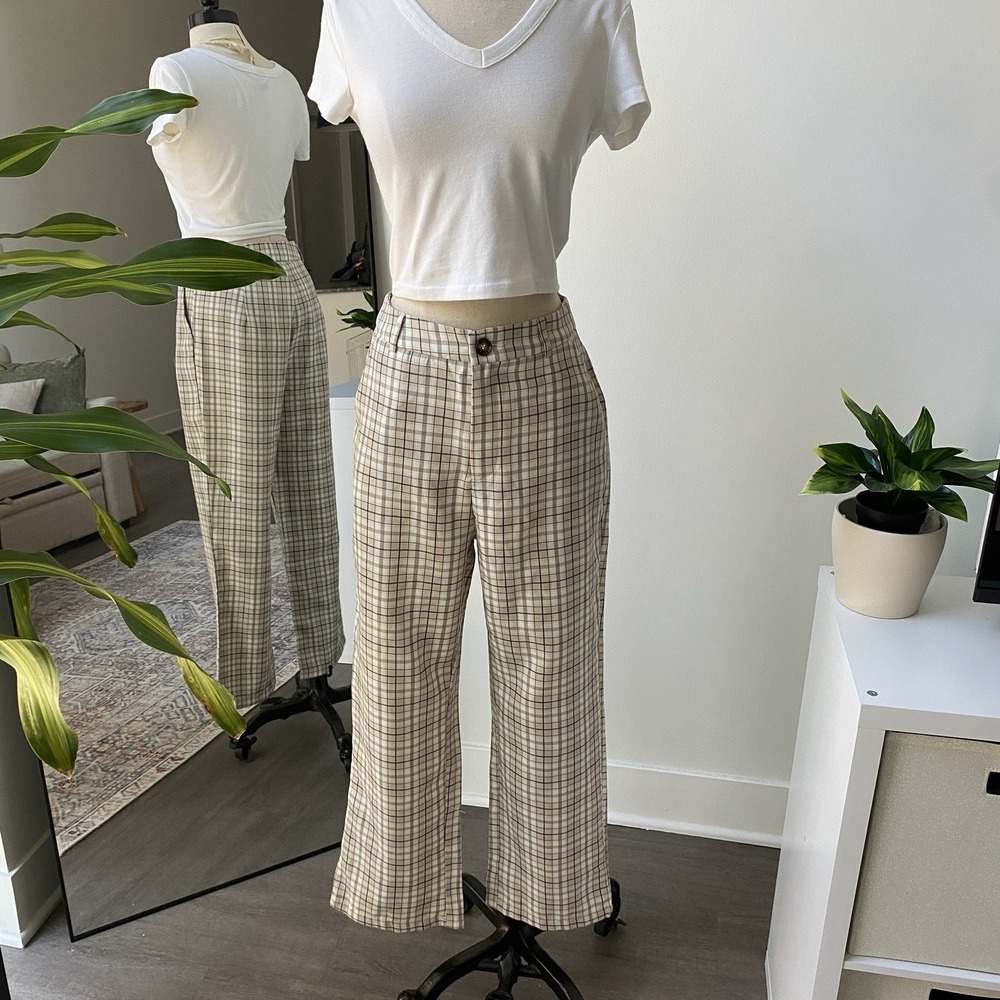 SHEIN High Waisted Tartan Pants Plaid Checkered Beige & Brown Size Small
